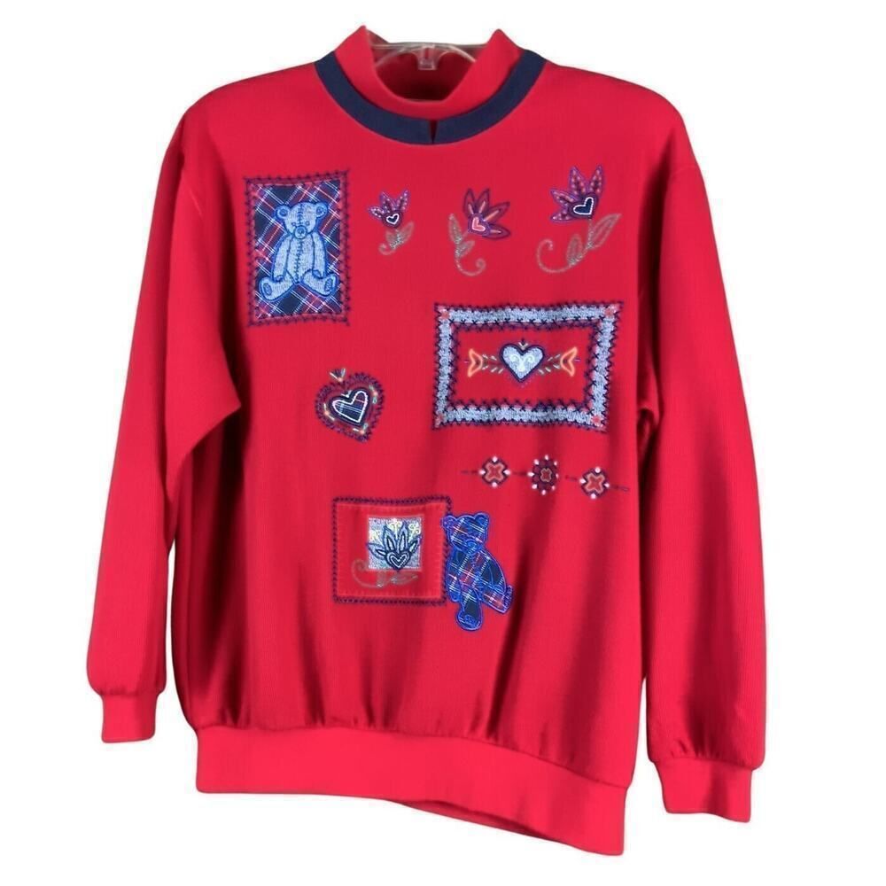 Vintage Koret Sweatshirt Hearts & Teddy Bears Pullover Red Large Retro Valentine
